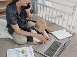 Mother working from home